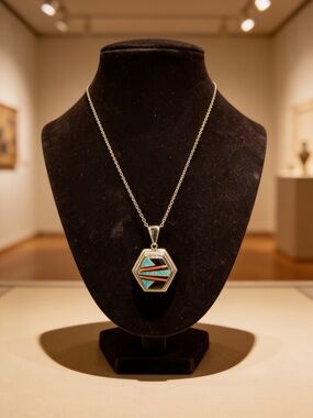 Hexagon Inlay Pendant Necklace in Turquoise and Coral